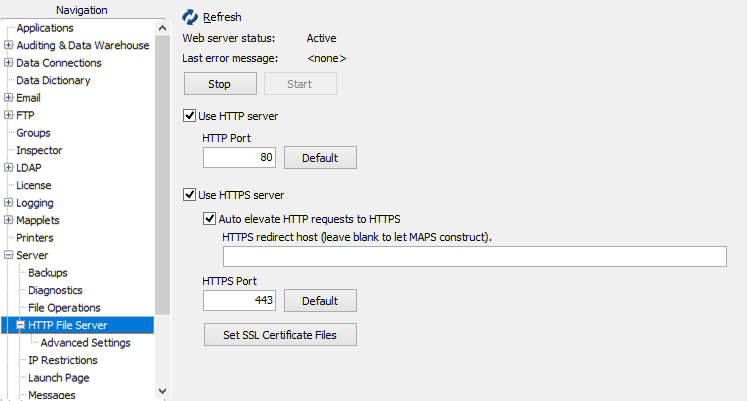 This option shows the MAPS Interface when the HTTP File Server option is selected.